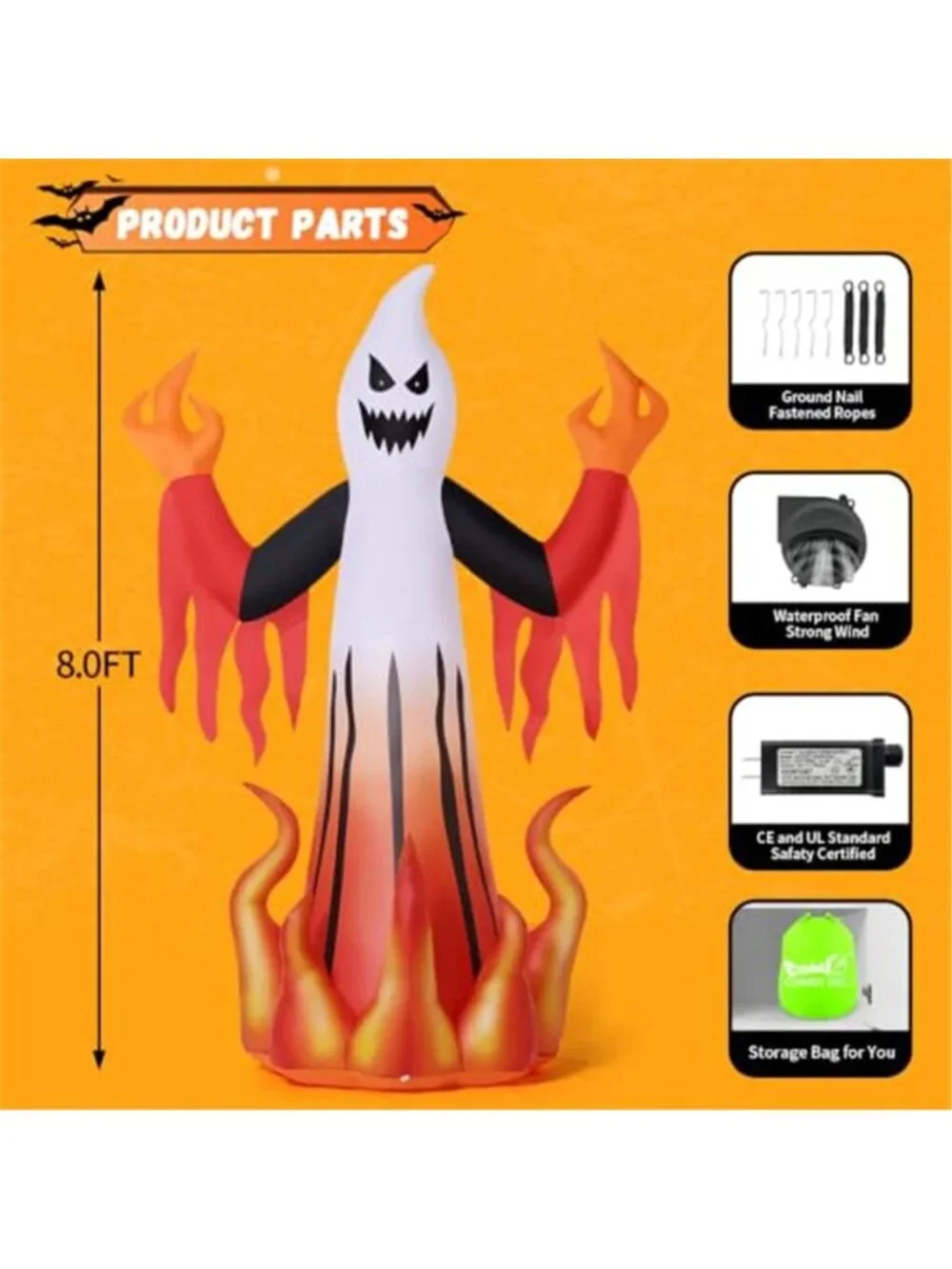 Halloween Inflatables 8FT Scary Ghost with Flames for Outdoor Yard Decor